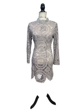 Nellis Crochet Lace Pattern Long-Sleeve Dress With Back Zipper Closure Size L Ta